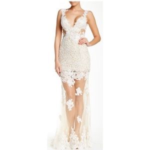 Mac Duggal Sheer Illusion Lace Gown - Ivory